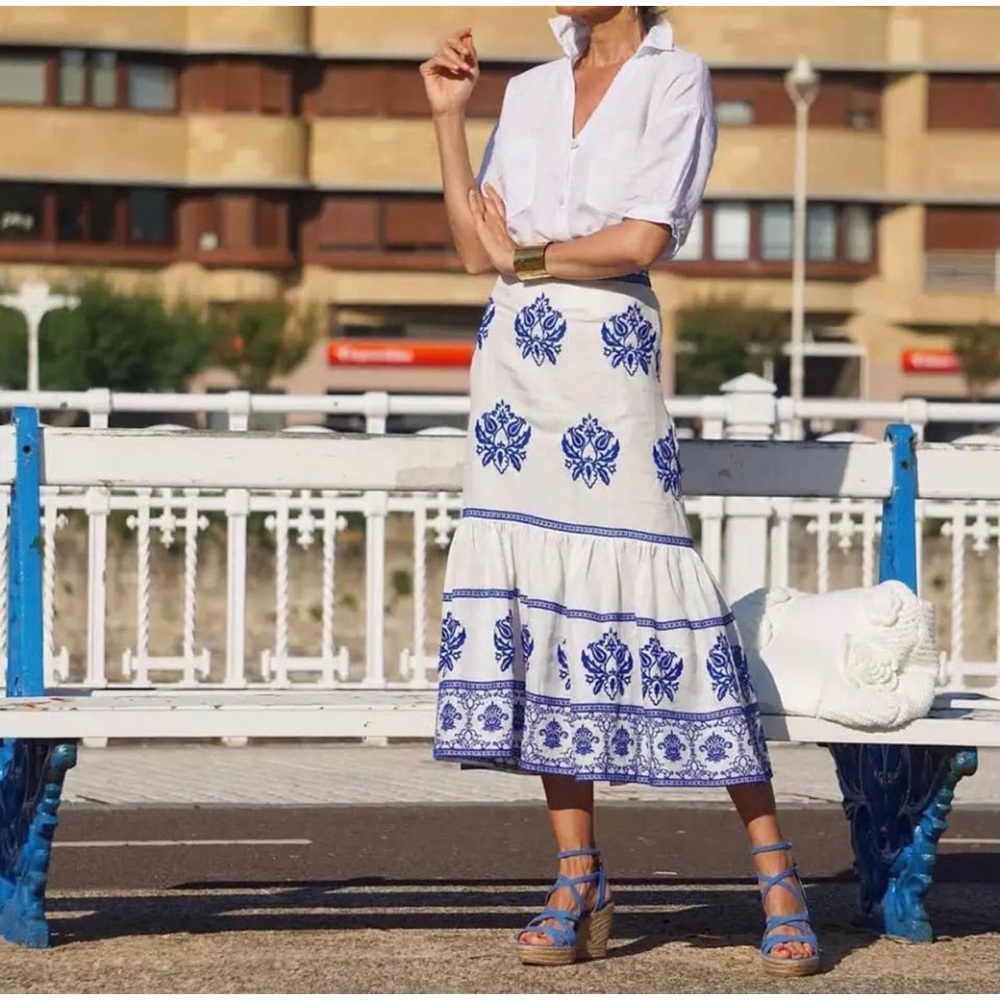 NEW Zara Linen White & Blue Embroidered Floral Tiered Long Skirt Size XS - Picture 11 of 11